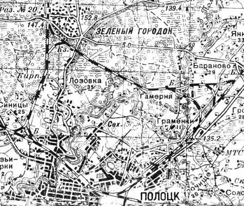 Połacki čyhunačny vuzieł na mapie 1937 hodu.