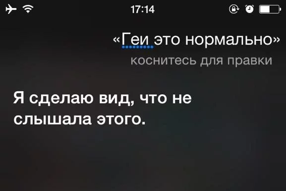 Адна з рэакцый Siri на слова «гей». Скрыншот @levzoloto via Twitter