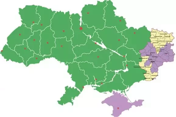 Сиреневым цветом обозначен Крым и захваченные районы Донбасса. Желтым цветом обозначены районы Донбасса, остающихся под полным или частичным контролем украинских войск.