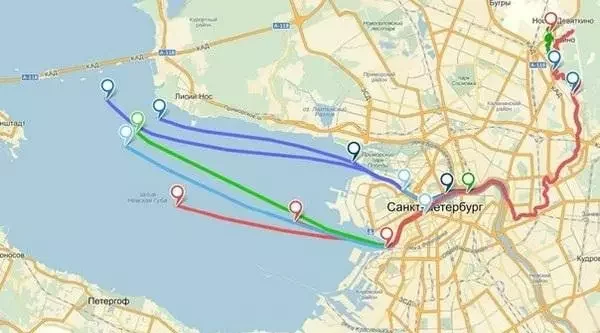 Маршруты GPS-трекеров от деревни Новое Девяткино до Финского залива.