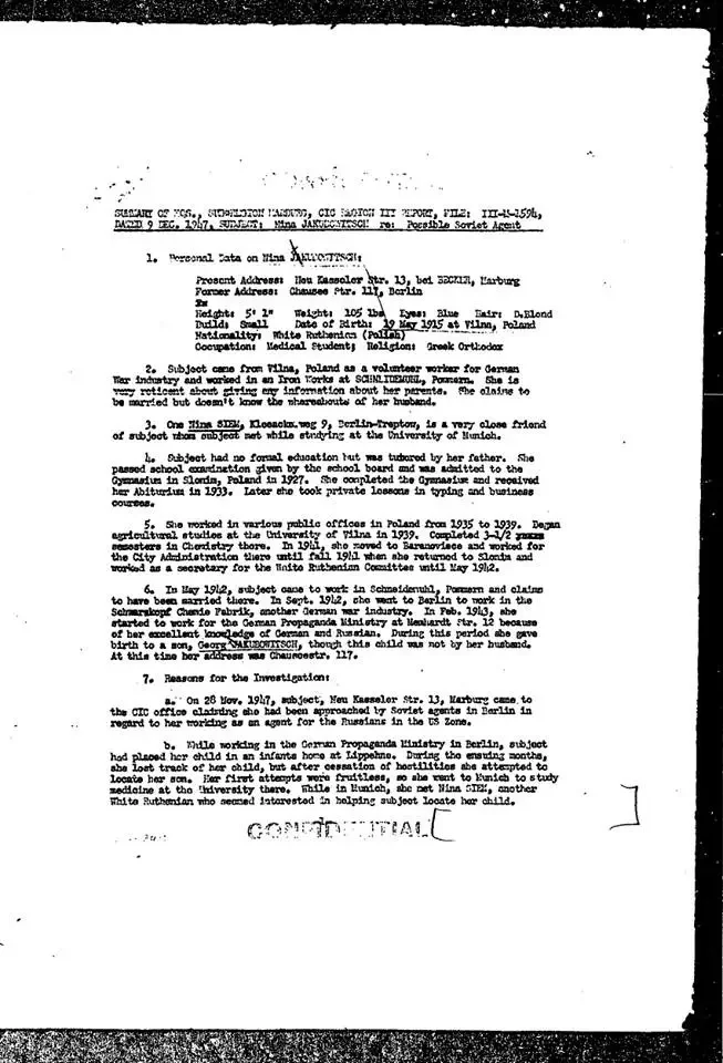 Скан файла ЦРУ пра эмігрантку з Беларусі Ніну Якубовіч, якую спрабавала завербаваць савецкая разведка.