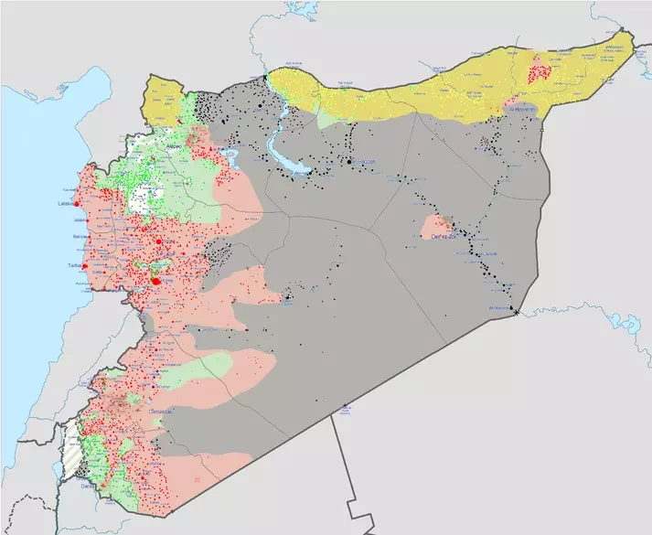 Гражданская война в Сирии по состоянию на август 2015. Карта из Википедии. Красным — территории, подконтрольные Асаду. Зелёным — территории, занятые оппозицией. Серым — захваченные Исламским госудаством. Белое «Аль-Кайда». Желтое — курды.