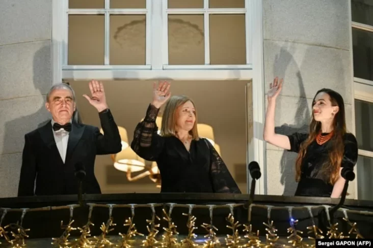 Representatives of the Nobel Peace Prize laureates Jan Rachinsky (Russian organization 'Memorial'), Natallia Pinchuk (wife of Ales Bialiatski), Oleksandra Matviichuk (Ukrainian 'Center for Civil Liberties') in Oslo, December 10, 2022