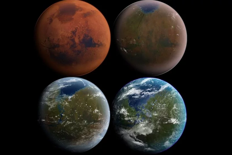 Возможные результаты терраформинга Марса. Иллюстрация: Daein Ballard, Wikimedia Commons