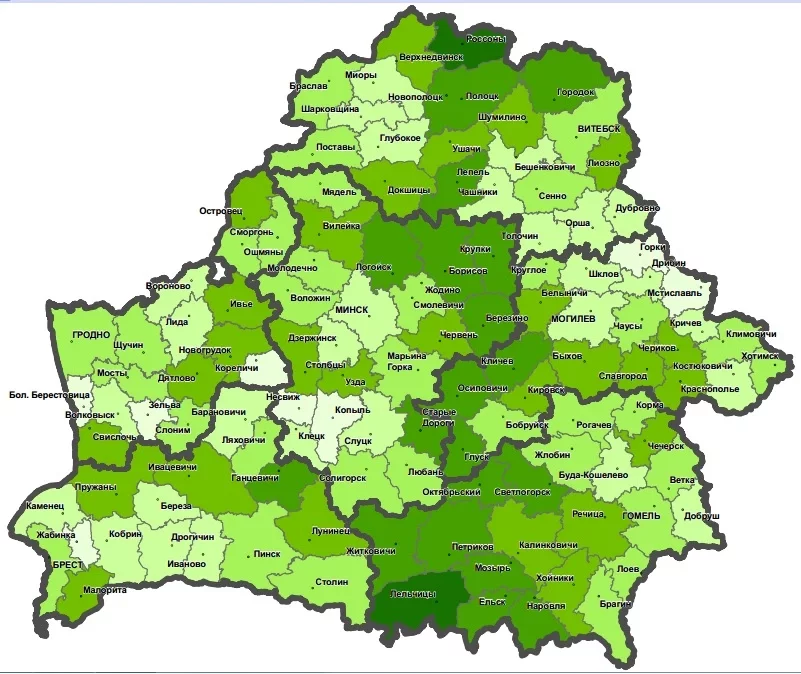 Лесистость Беларуси по состоянию на 1 января 2013 года.