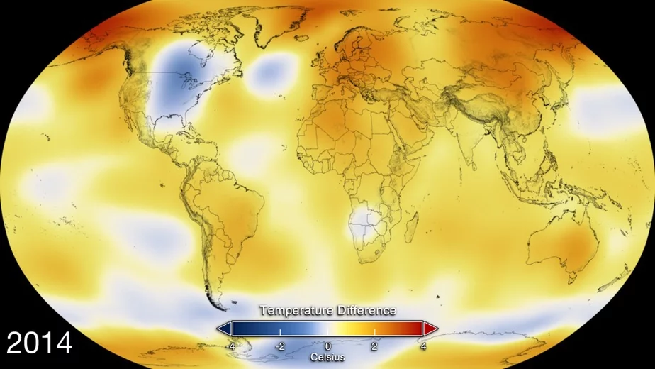 Отклонения среднегодовой температуры в 2014 году в сравнении со средним значением за XX столетие. Файл: NASA
