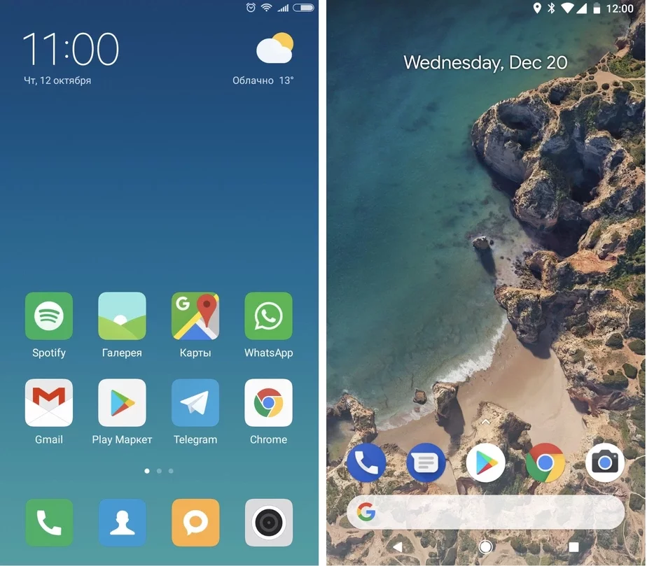 Стандартная версия ОС Android 8 (справа) и ее переработанная версия MIUI 9 (слева)