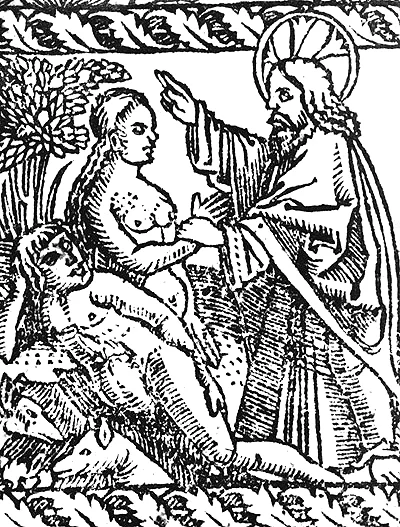 Вось такім натуралістычным чынам адлюстроўвае Скарына Адама і Еву ў першай кнізе Бібліі «Быцця» (1519 г.)