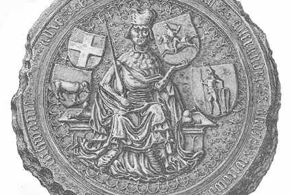 «Пагоня» на пячатцы Вітаўта Вялікага - уладара, пры якім Вялікае Княства было найбольшай дзяржавай Еўропы.