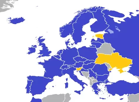 Магазины Ikea в Европе. Синий цвет — страны, где есть магазины Ikea. Жёлтый цвет — страны, где магазины Ikea скоро появятся.