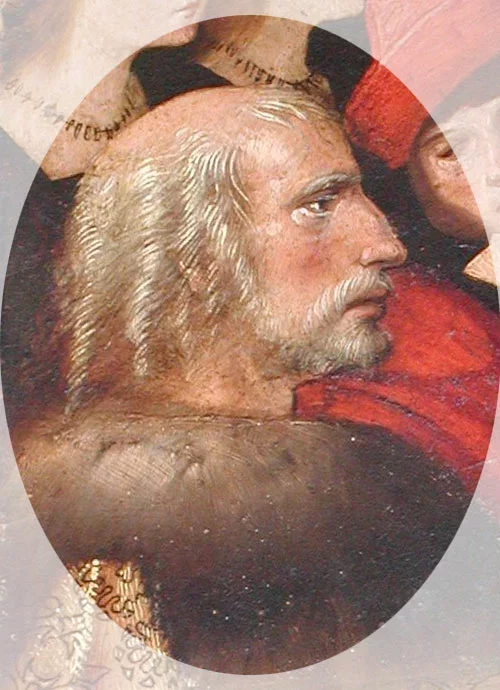 Меркаваны партрэт Калумба з карціны «Маці Божая Мараплаўцаў» у палацы Альказар у Севільі. Алеха Фернандэс, між 1505 і 1536.