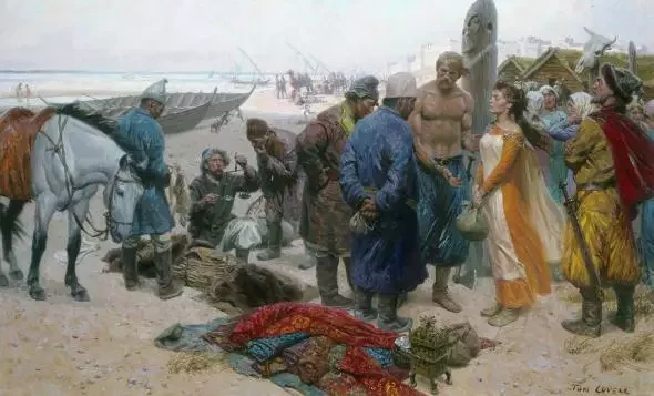 Викинг (с голым торсом) продает рабыню персидскому купцу в волжском Булгаре. Художник Tом Lovell, National Geographic.
