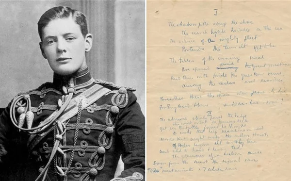 Уинстон Черчилль в форме офицера 5-го королевского гусарского полка в 1900 г. и рукопись стихотворения.