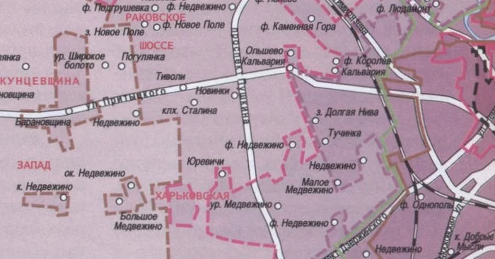 Карта размяшчэння былых населеных пунктаў на схеме сучаснага Мінска паказвае дзясятак вёсак і хутароў з назвай Мядзвежына.