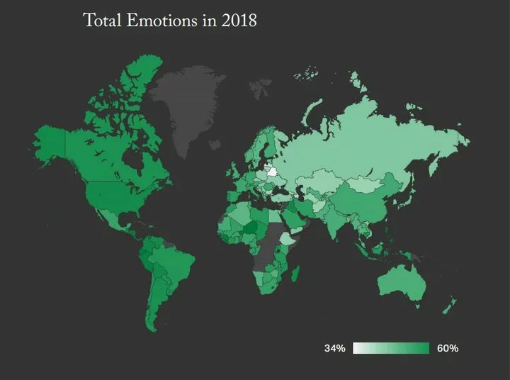 Ілюстрацыя: скрыншот з даследавання Gallup Global Emotions. На малюнку Беларусь белага колеру. Гэта значыць, што ўзровень эмацыйнасці ў нас — 34%.