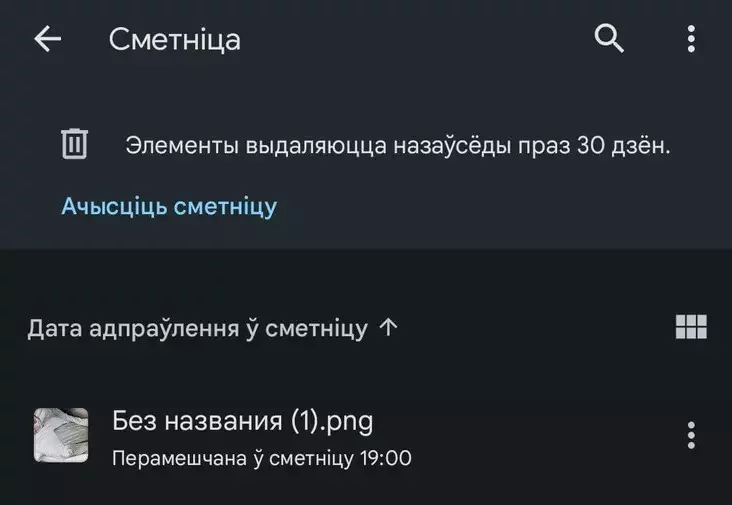 Файл, который мы переместили в корзину. Чтобы очистить ее, нажмите на три точки в правом верхнем углу