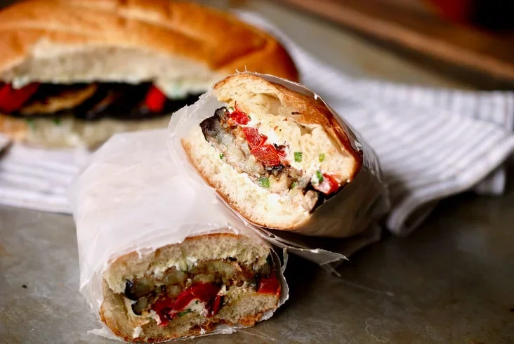 Grilled eggplant red pepper sandwiches