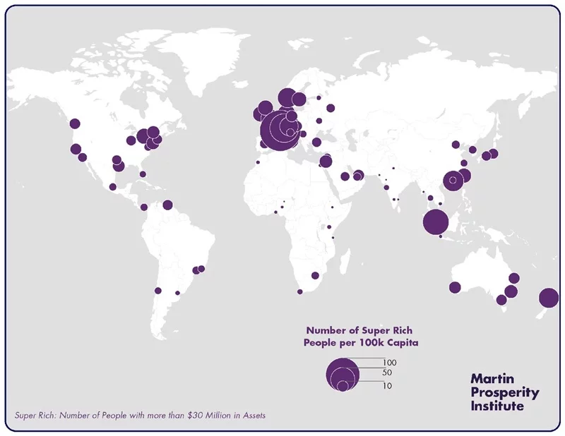 На этой карте показаны города, в которых проживает больше всего миллионеров.