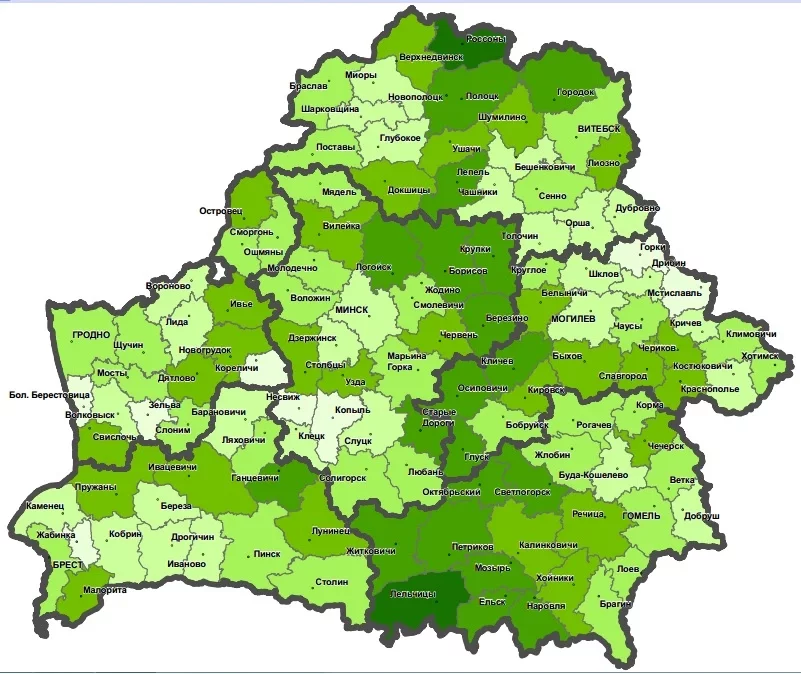 Лясістасць Беларусі па стане на 1 студзеня 2013 года.