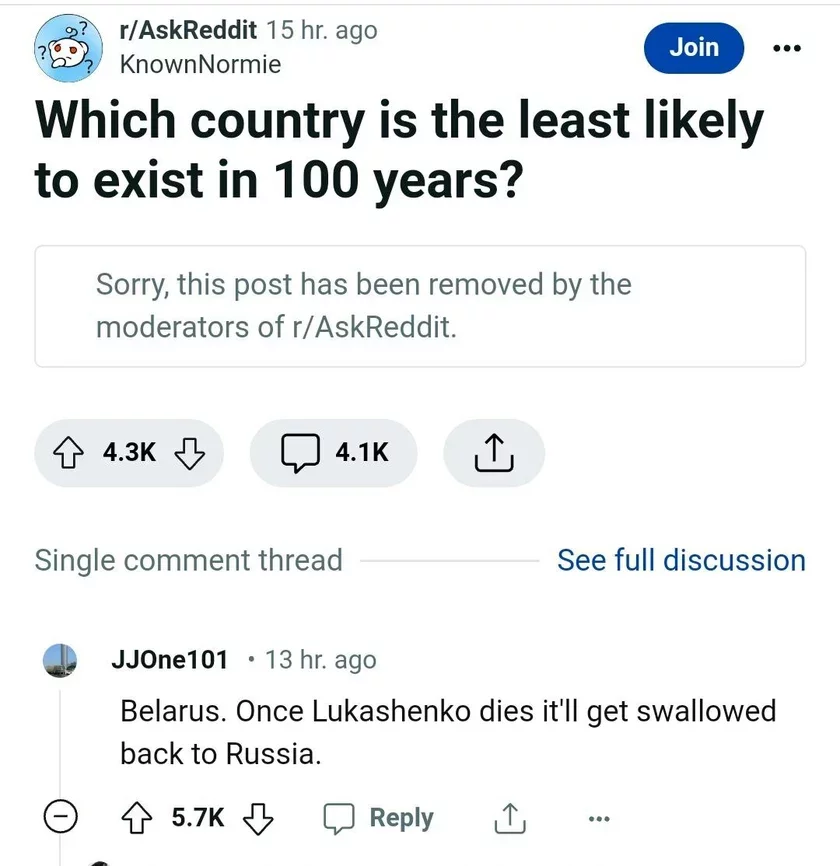 Kakaja strana s naimieńšiej vierojatnosťju budiet suŝiestvovať čieriez 100 let? Which country is the least likely to exist in 100 years? Jakaja kraina z najmienšaj vierahodnaściu budzie isnavać praz 100 hadoŭ? 