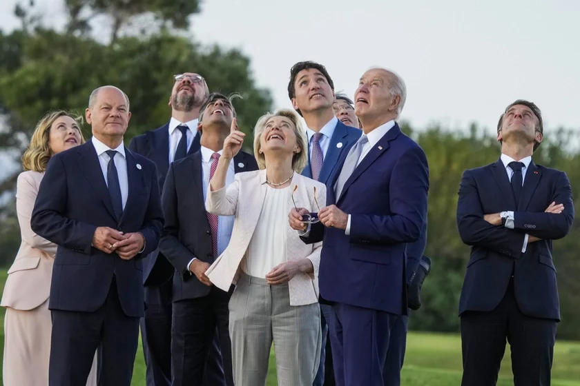 French President Emmanuel Macron, U.S. President Joe Biden, Japan's Prime Minister Fumio Kishida, Canada's Prime Minister Justin Trudeau, European Commission President Ursula von der Leyen, Britain's Prime Minister Rishi Sunak, European Council President Charles Michel, German Chancellor Olaf Scholz and Italian Prime Minister Giorgia Meloni прэзідэнт Францыі Эмануэль Макрон, прэзідэнт ЗША Джо Байдэн, прэм'ер-міністр Японіі Фуміо Кішыда, прэм'ер-міністр Канады Джасцін Трюдо, прэзідэнт Еўракамісіі Урсула фон дэр Ляен, прэм'ер-міністр Вялікабрытаніі Рышы Сунак, прэзідэнт Еўрапейскага Савета Шарль Мішэль, канцлер Германіі Олаф Шольц і Прэм'ер-міністр Італіі Джорджыя Мелоні