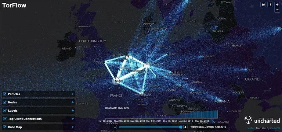 Мапа інтэнсіўнасці трафіку на еўрапейскіх вузлах TOR