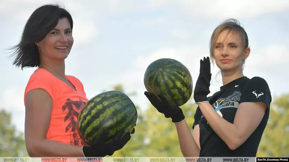 Maryja Bahamołava (sprava) padčas uborki kavunoŭ z Alaksandram Łukašenkam, 29 žniŭnia 2019-ha. Fota: BiełTA