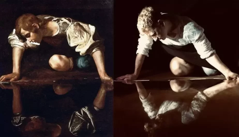 «Нарцисс» Караваджо — в ряде одной из первых самых сложных работ для Владимира: долго не давалось отражение в зеркале и нужный свет, тени (помогла черная ткань и кофе). Но и собрала работа в итоге более 17 тысяч лайков.