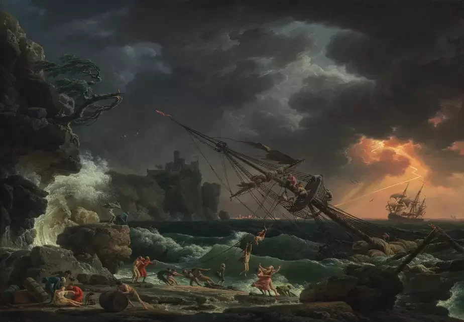 Люди, бегущие с разрушенного штормом корабля. Картина Клода Жозефа Верне