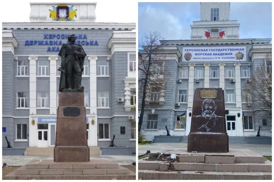 Помнік расійскаму флатаводцу Фёдару Ушакову ў Херсоне да і пасля расійскай акупацыі.