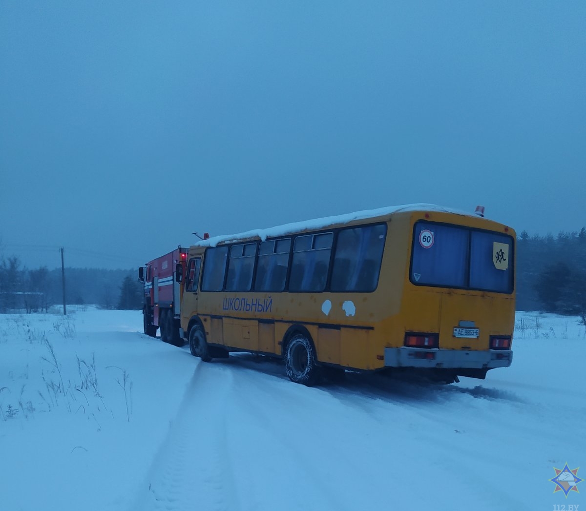 В Быховском районе школьный автобус с детьми забуксовал в снегу. ФОТО