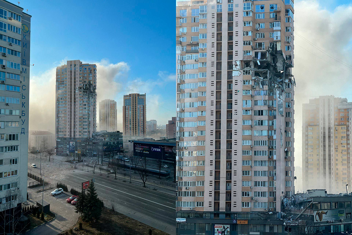 В Киеве снарядом снесло часть жилого дома. Осколками ранило человека