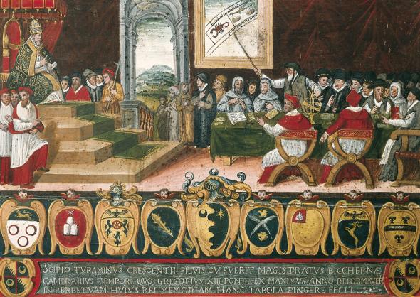 Papa Hryhoryj XIII sklikaje kamisiju dla refarmavańnia kalendara. Scypijon Turaminus